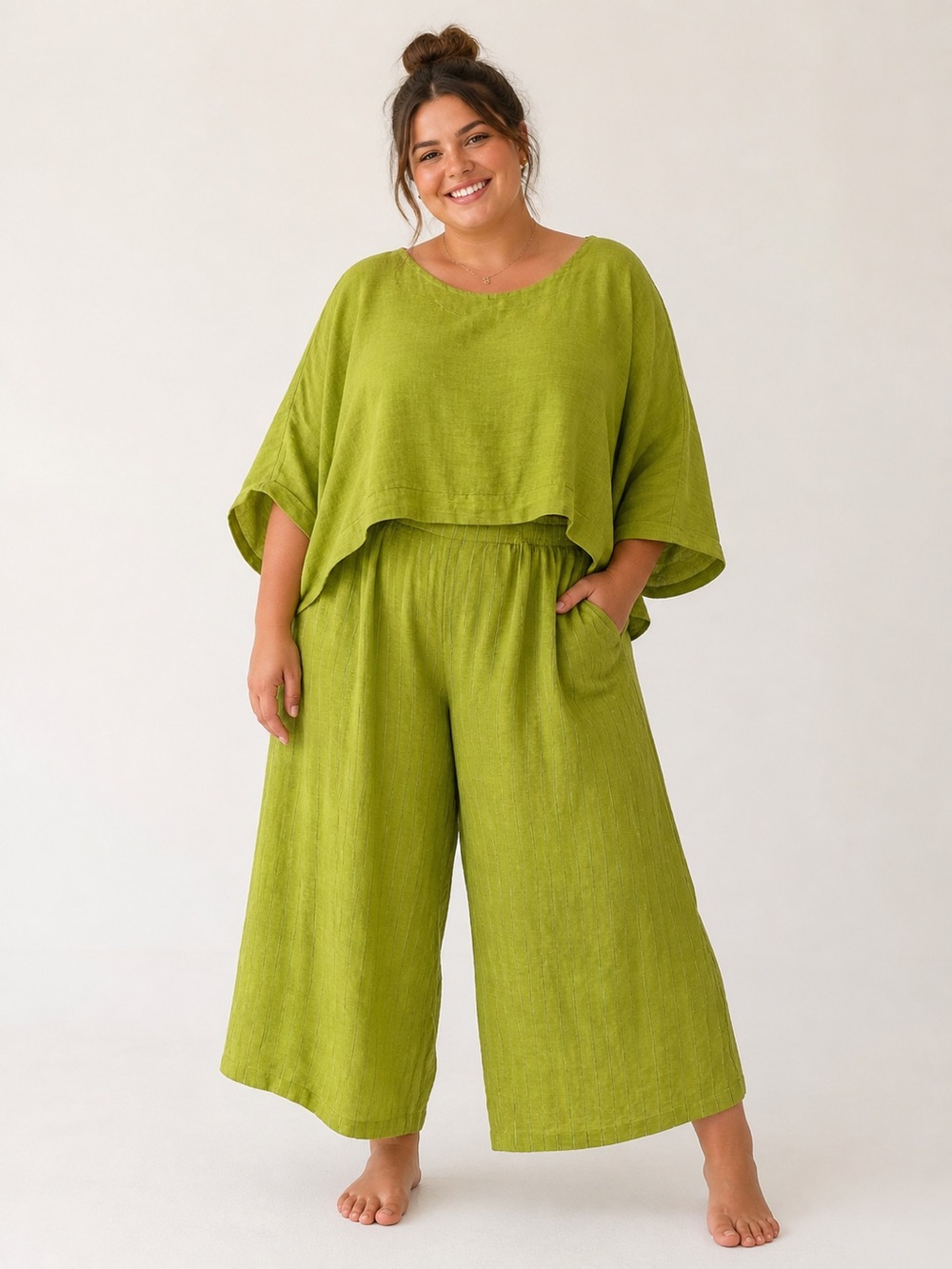 Transparente Vintage Green Striped Linen Wide-Leg Cropped Pant Set Sz. 3(XL/XXL)
